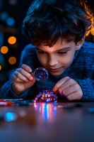 Young Caucasian boy examining electronic circuit board with magnifying glass in dark room with bokeh lights. Neon pink and blue glow creates magical atmosphere.