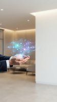 Businessman hands holding holographic digital network icons in modern office interior representing connectivity and innovation technology.