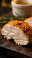 Sliced roasted poultry breast with golden crispy skin on wooden board, fresh rosemary garnish, and sauce bowl. Perfect for culinary, food styling, restaurant menus, cooking blogs.