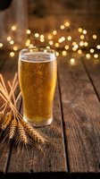 Golden beer glass with wheat stalks on rustic wooden table with warm bokeh lights creating cozy pub atmosphere for beverage advertising and hospitality marketing.