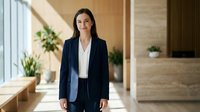 Young woman with long dark hair and olive complexion wearing navy blazer and white shirt standing in modern office corridor with plants and natural lighting.