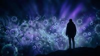 Person silhouette standing against glowing virus particles and purple light rays for pandemic awareness and medical education concepts.
