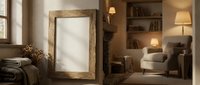 Rustic wooden frame mirror mockup in cozy living room interior with warm lighting, bookshelves, and comfortable furniture for home decor presentation.