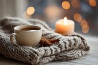 Cozy cup of hot tea with cinnamon on knitted scarf near burning candle, creating warm atmosphere with soft bokeh lights in background.