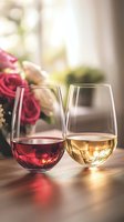 Elegant stemless wine glasses with red and white wine on wooden table, romantic setting with roses in background, soft natural lighting creates warm ambiance.