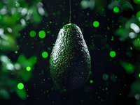 Fresh ripe avocado hanging against dark background with green bokeh lights, water drops on skin surface creating magical atmosphere for food photography.