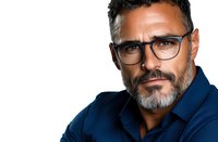 Middle-aged Hispanic businessman wearing glasses and navy polo shirt poses confidently against white background, displaying professional demeanor and modern style.