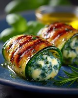 Grilled zucchini rolls stuffed with creamy spinach and cheese mixture, wrapped in crispy bacon strips, garnished with fresh herbs on blue ceramic plate.