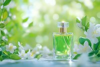 Green fragrance bottle with jasmine flowers on blurred natural background, fresh spring aromatherapy concept for cosmetic and perfume advertising.