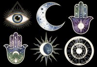 Mystical eye, crescent moon, hamsa hand, sun, and zodiac wheel symbols isolated on transparent background. Ready for t-shirt design, stickers, clipart, sublimation, and print-on-demand products.