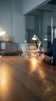 Businessman using digital tablet with cybersecurity icons and data protection symbols in modern office environment for secure business operations.