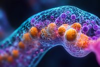 Microscopic view of colorful virus cells with orange and purple spherical structures inside translucent blue network, scientific medical research concept.