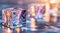 Crystal clear ice cube with rainbow light refraction and bokeh effects on dark surface, creating magical atmospheric mood for beverage and cocktail photography.