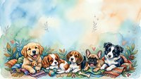 Watercolor group of cute puppies lying together on a colorful blanket surrounded by flowers, with copy space for greeting cards or posters.
