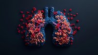 Anatomical visualization of human lungs with red viral particles spreading through respiratory system on dark background, medical science concept.