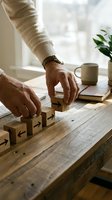 Senior businessman arranging wooden blocks with arrows on rustic table in bright office space for strategic planning and business development.