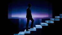 Silhouetted male professional climbing ascending staircase made of glowing blue and white steps against dark background with illuminated cityscape, representing career growth, ambition, success, and business advancement.