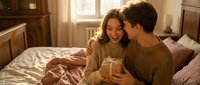 Young couple enjoying morning coffee together in cozy bedroom with warm sunlight streaming through window creating intimate romantic atmosphere at home.