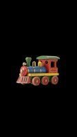 Vintage toy train engine with red, blue, and green painted wood details, featuring a smokestack, cabin, and three wheels, isolated on transparent background ready for clipart, t-shirt design, stickers, and print-on-demand products.