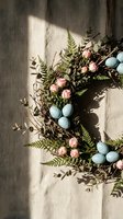 Easter wreath with blue eggs and pink flowers on linen fabric with natural sunlight shadows for spring holiday decoration and seasonal crafting projects.