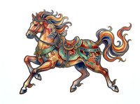 Ornate carousel horse with flowing mane and tail, decorated with colorful floral patterns and ornamental saddle, isolated on white background for design use.