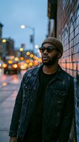 Young African American male wearing denim jacket, beanie, and sunglasses leaning against brick wall in urban alley at dusk with blurred city lights and buildings in background.