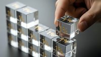 Hand placing transparent cube with golden elements onto stack of similar blocks representing business growth and strategic building concepts.