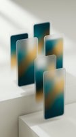 Glass smartphone mockups with frosted teal and gold gradient displays arranged on white platforms, showcasing app interface designs and mobile screen templates for digital product presentation.