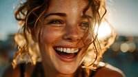 Young woman with curly hair laughing joyfully in golden sunlight with freckled face and genuine smile expressing happiness and carefree summer lifestyle moments.