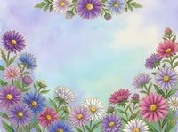 Watercolor floral frame with colorful aster and daisy flowers in pink, purple, and blue tones on a soft pastel background with copy space.