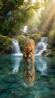 Tiger wading through crystal clear stream in lush jungle with cascading waterfalls, tropical vegetation, and colorful macaws perched on branches in misty forest setting.