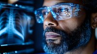 African American male doctor wearing glasses examining digital medical scan, blue technology interface reflection shows advanced diagnostic analysis.