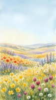 Watercolor wildflower meadow with rolling hills, featuring poppies, lavender, daisies and clover in soft pastel colors for spring and summer designs.