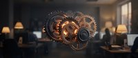 Steampunk mechanical heart with bronze gears and copper pipes in vintage office setting. Industrial fantasy concept for romantic designs and retro futuristic art.