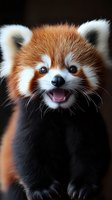 Smiling red panda close-up portrait showing happy expression with open mouth against dark background. Adorable wild animal with distinctive facial markings and fluffy fur.
