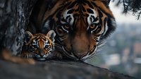 Tiger mother with cub resting together on tree branch in natural habitat. Wildlife photography showcasing maternal bond and family connection in jungle setting.