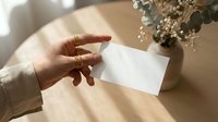 Woman hand holding blank white business card mockup with golden rings and dried flowers in soft natural sunlight for branding presentation.