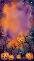 Watercolor Halloween frame with jack-o-lanterns, bats, and twisted branches on purple and orange gradient background. Isolated design element for seasonal cards and invitations.