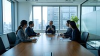 Diverse business professionals in formal attire conduct a meeting around a wooden conference table in a modern high-rise office with panoramic city views and contemporary furnishings.