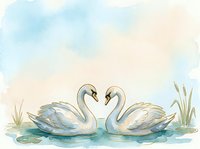 Pair of white swans facing each other on water with cattails, watercolor style illustration. Romantic wildlife art for wedding invitations, greeting cards, and home decor projects.