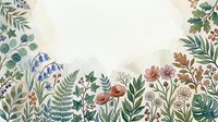 Botanical garden border with wildflowers, ferns, and foliage arranged on cream background. Watercolor illustration suitable for stationery, invitations, and design projects.