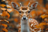 Young whitetail deer fawn with spotted coat looking at camera against blurred orange autumn foliage background, wildlife portrait in fall forest setting.