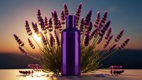 Purple essential oil bottle surrounded by fresh lavender stems at golden hour sunset creating natural aromatherapy spa atmosphere for wellness relaxation.
