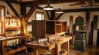 Traditional woodworking workshop interior with exposed timber beams, vintage tools, workbench and green wood-burning stove for craftsman projects.