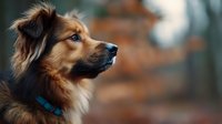 Mixed breed dog with brown and black fur wearing blue collar looking sideways in outdoor autumn setting with warm bokeh background for pet care concepts.