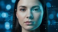 Young woman face with digital grid overlay showing facial recognition technology and artificial intelligence scanning biometric data analysis.