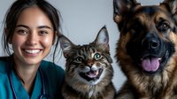 Happy female veterinarian with stethoscope smiling alongside tabby cat and German Shepherd dog in clinic setting for pet healthcare and animal medicine.