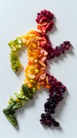 Fresh fruits arranged in shape of running human figure on white background, featuring rainbow gradient from green to purple with berries, citrus, and mint leaves.
