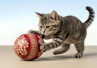 Tabby kitten playing with red decorative Easter egg featuring traditional folk patterns and ornamental designs on neutral background.