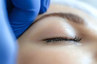 Close-up view of eyelash extension procedure with professional wearing blue protective gloves. Macro shot showing precise application technique and natural lashes.